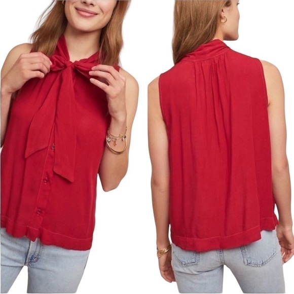 Anthropologie Cloth & Stone Front Tie Blouse Size XSP Red - Picture 1 of 10